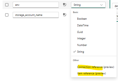 Fabric Variable Library New Variable dialog showing the advanced Item reference and Connection reference types available alongside the basic types