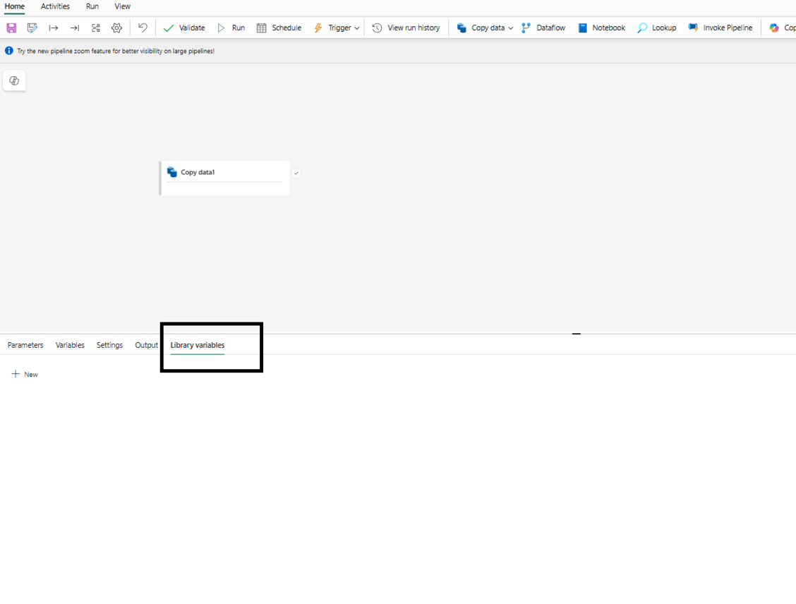 Fabric Data Pipeline editor with the Library variables tab selected at the pipeline level and a New button to bind a Variable Library variable into the pipeline
